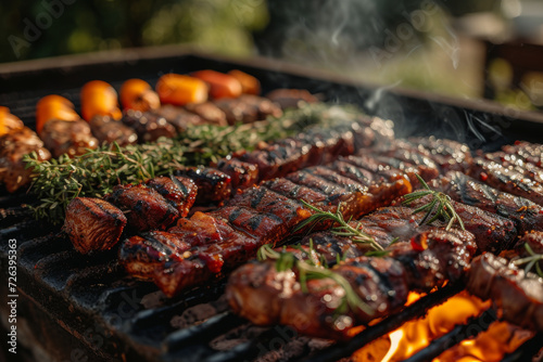 Juicy skewers of meat grilling on a barbecue with vegetables and herbs, perfect for outdoor dining