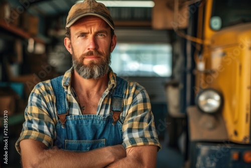 Arms crossed, the proprietor of a truck repair shop. Generative Ai.