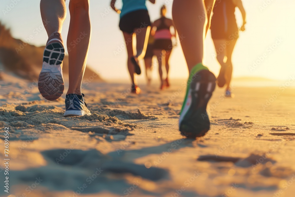 Group of runners on a beach at sunset, with a close-up of running shoes in the sand - obrazy, fototapety, plakaty 