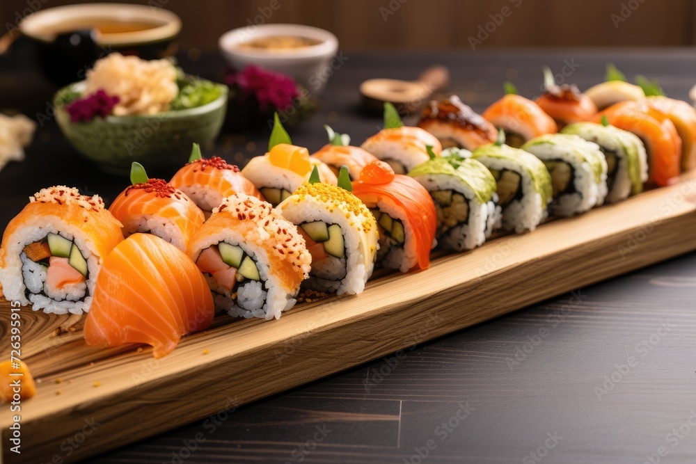 Sushi rolls on wooden tray Sushi rolls on wooden tray
