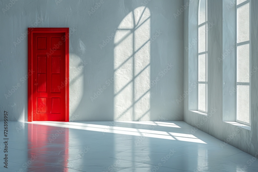 bright red door stands out in a minimalist room with white walls, casting interesting shadow patterns from the window light bright red door stands out in a minimalist room with white walls, casting interesting shadow patterns from the window light