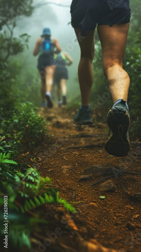 Runners on misty trail, close-up of shoes on rugged terrain in a forest run photo