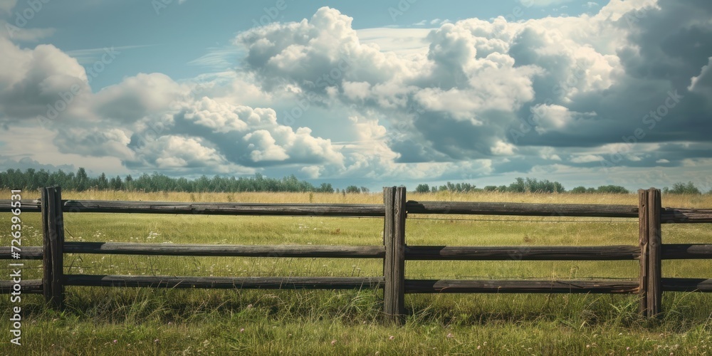 Wooden Fence in Grass Field Under Cloudy Sky
