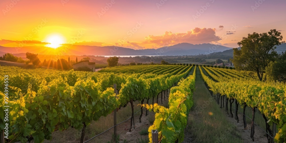 Naklejka premium Sunset Illuminates Vineyard Landscape
