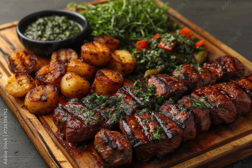 Juicy grilled steak cuts served with roasted potatoes and a side of fresh chimichurri sauce on a wooden board