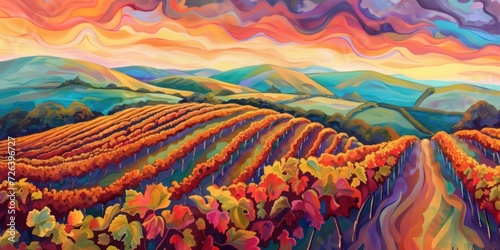 Colorful Landscape Painting With Hills and Trees