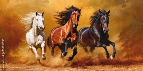 Three horses run across the field, kicking up dust