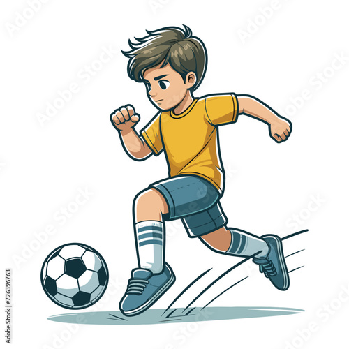 Happy cute little boy playing soccer football game in action cartoon vector illustration, kid player kicking ball design template isolated on white background
