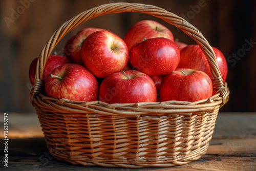wicker basket filled with fresh red apples on a rustic wooden surface, symbolizing harvest and natural produce