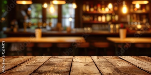 Wooden Tabletop in Front of Bar