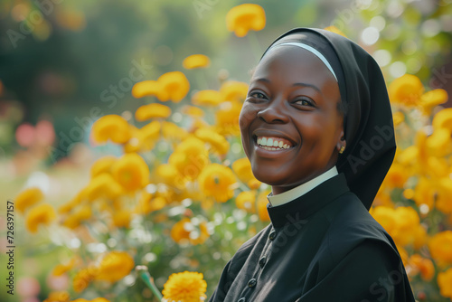 A beautiful catholic black American young nun with a kind candid smile against the backdrop of a garden Temple photo