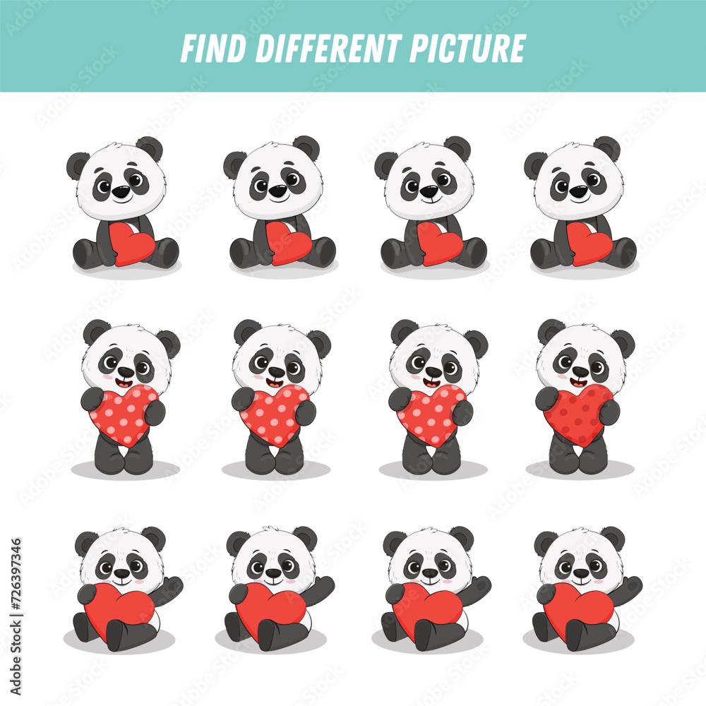 Obraz premium Find different panda bear in each row. Logical game for kids. Cartoon cute teddy bear with heart. Vector illustration