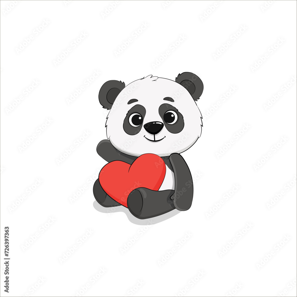 Obraz premium cute cartoon panda with a red heart on white background. Funny panda bear cub. Valentine's day, Mothers day card. Vector