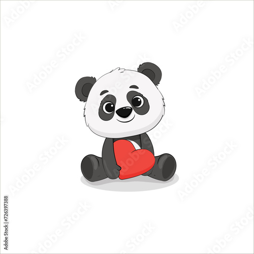 cute cartoon panda with a red heart on white background. Funny panda bear cub. Valentine's day, Mothers day card. Vector 