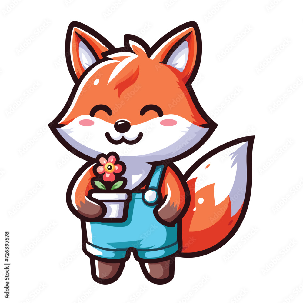 Obraz premium Cute adorable fox holding a flower cartoon character vector illustration, funny wolf foxy flat design template isolated on white background