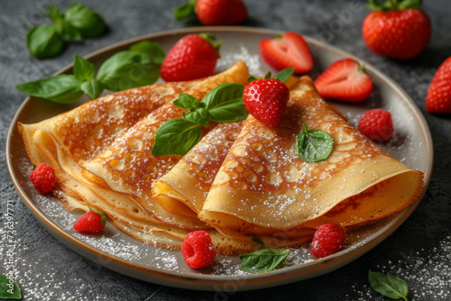 Delicate crepes topped with powdered sugar, fresh strawberries, raspberries, and basil leaves on a ceramic plate