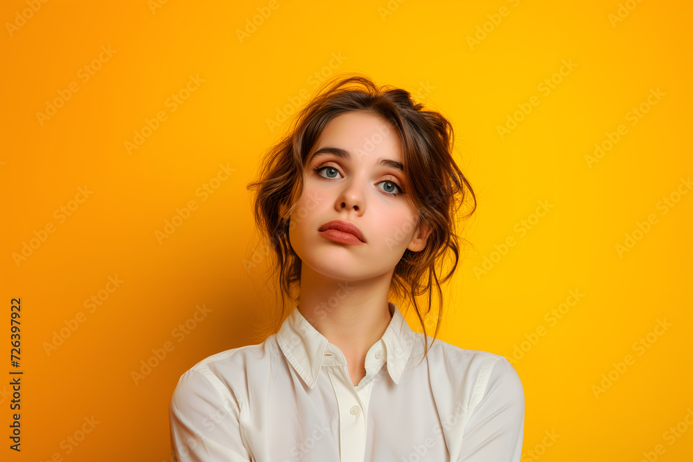 Tired beautiful young girl on orange background