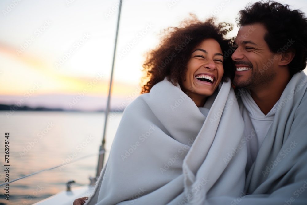 pair laughing, wrapped in a blanket on yacht at dusk
