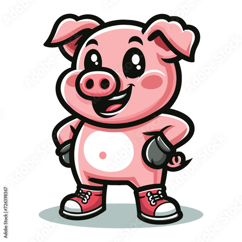 Cute adorable pig cartoon character vector illustration, funny piggy flat design template isolated on white background