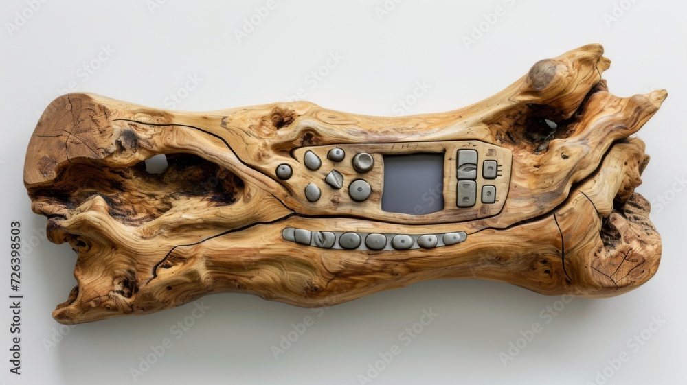 TV remote made of wood with cracks. An unusual gadget. Wooden device TV remote made of wood with cracks. An unusual gadget. Wooden device