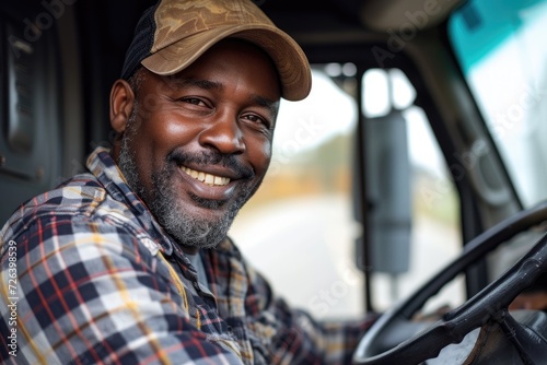 A content black truck driver is seated in his car. Generative Ai.