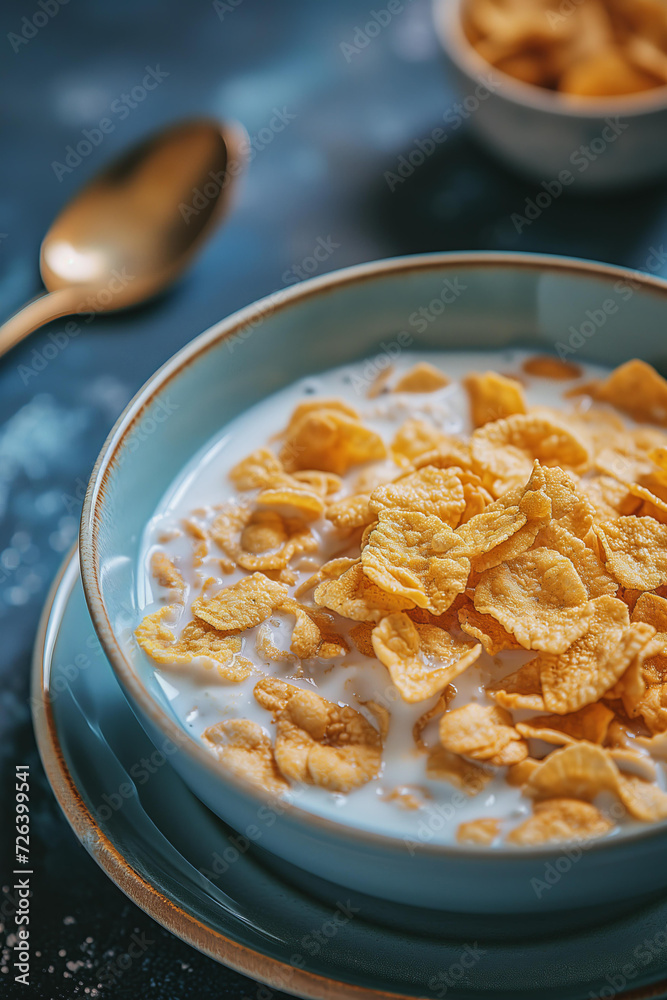 mouthwatering cereal breakfast. Cornflakes with milk. Sunny cozy morning