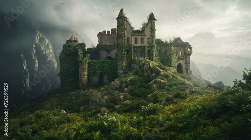 A cinematic portrayal of a medieval castle in ruins, enveloped by lush green plants, set against a dramatic and moody mountain range evoking the atmosphere of a movie set