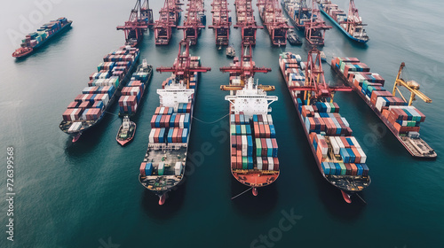Aerial view container ships network, Global business company supply chain logistic freight shipping import export transportation container cargo worldwide
