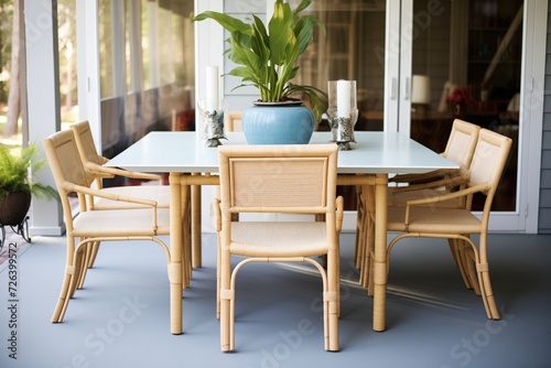 bamboo dining table with matching chairs on a porch © studioworkstock