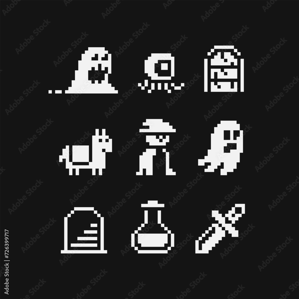 Pixel art, 1-bit icon set, black and white emoji, monster and ghost, hero with weapon. Logo, sticker and mobile app design. Isolated vector illustration Pixel art, 1-bit icon set, black and white emoji, monster and ghost, hero with weapon. Logo, sticker and mobile app design. Isolated vector illustration