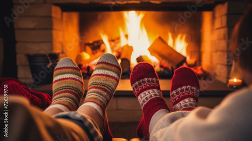 Feet in woollen socks by the fireplace. Couple sitting under the blanket, relaxes by warm fire and warming up their feet in woollen socks.