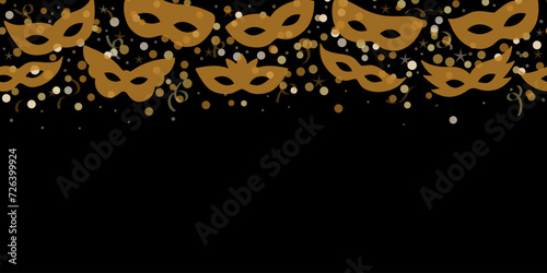Gold carnival confetti with masquerade masks on black background , vector banner