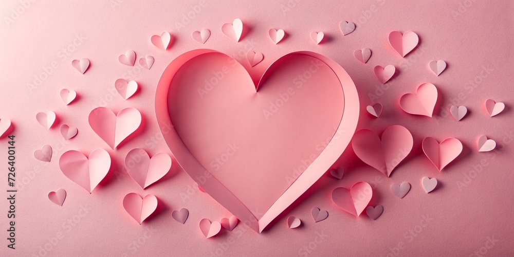 Composition for Valentine's Day February 14th. Delicate pink background and pink hearts cut out of paper. Greeting card. Flat lay, top view, copy space.