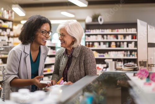A pharmacist provides valuable assistance to an elderly woman in a modern pharmacy, offering guidance and support in selecting medications, ensuring a personalized and caring approach to healthcare