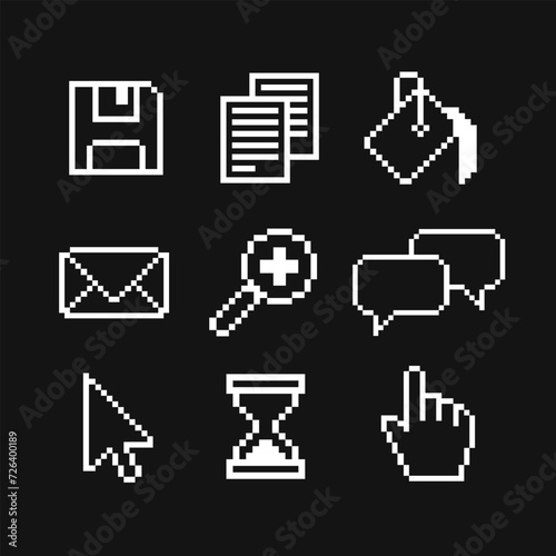 Set of 8-bit pixel icons. Isolated vector illustration. Black and white image. Buttons, computer icons, musical notes, cursor and letters