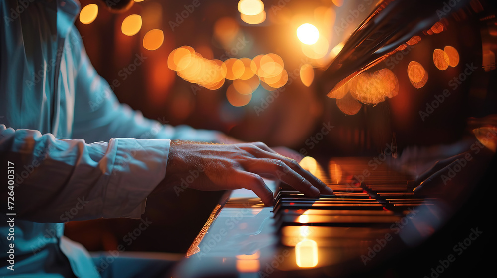 Experience the grace of playing the piano. Every note is a dance of emotion, weaving a symphony of elegance. Unleash your musical expression, creating a masterpiece with every touch. - obrazy, fototapety, plakaty 