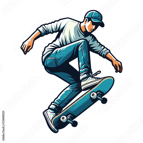 Man playing skateboard vector illustration, skateboarding sport game male player in action flat design style template isolated on white background