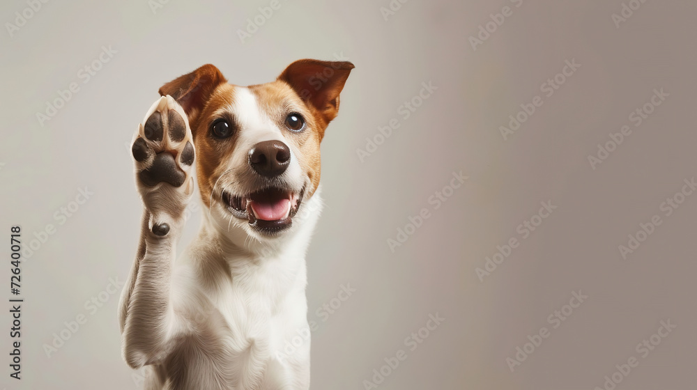 Funny dog smiling and giving a high five isolated on white