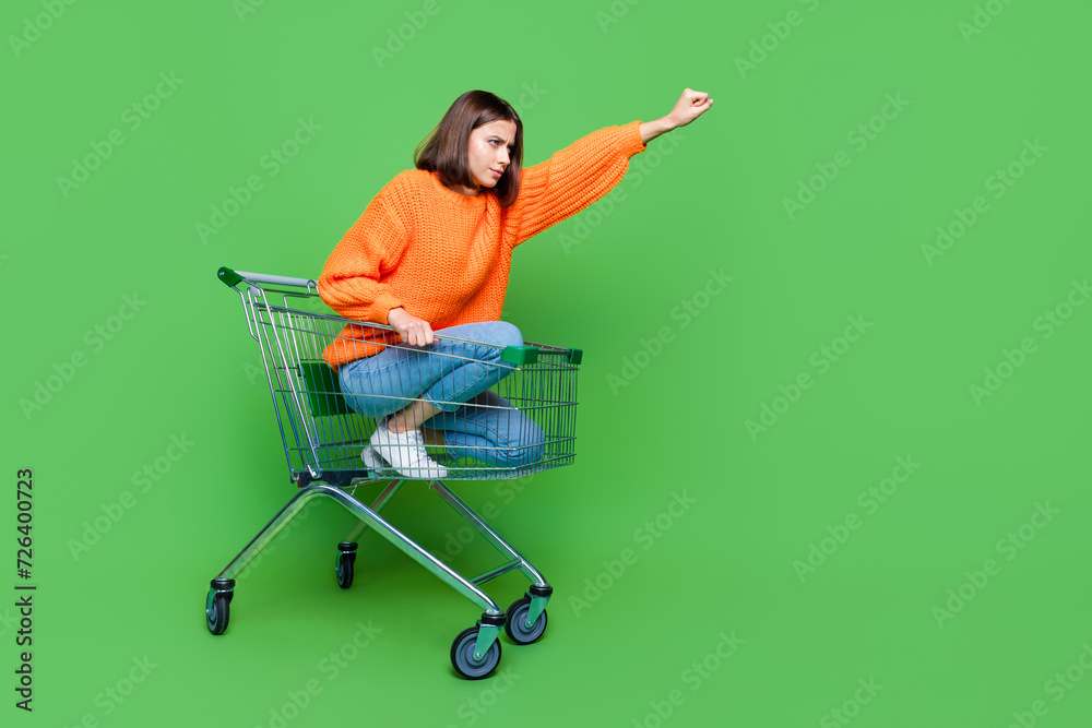 Φωτογραφία Full body profile photo of pretty girl inside market trolley raise hand ride emp