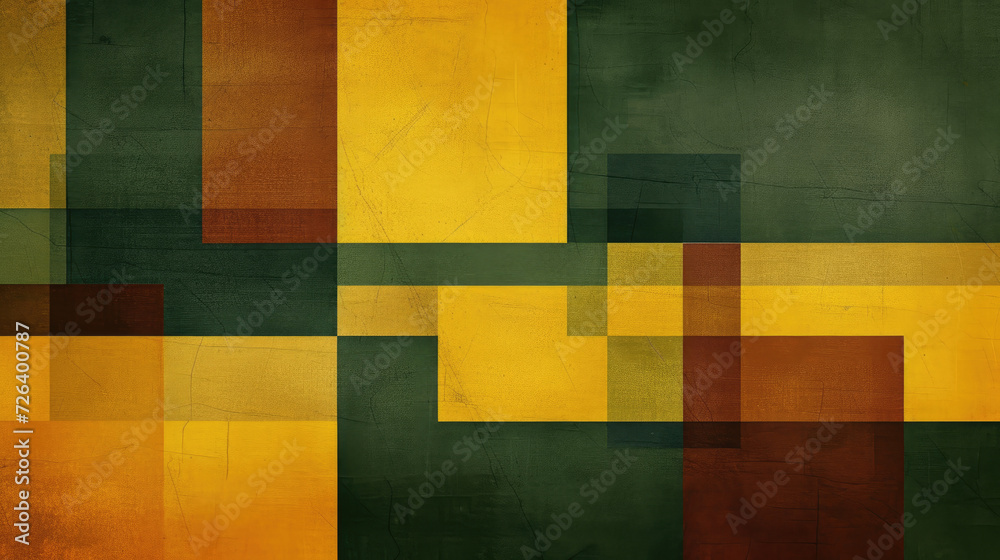 Abstract background in trendy Bauhaus style, combining ocher yellow, moss green and mahogany brown with dynamic, intersecting striped shapes