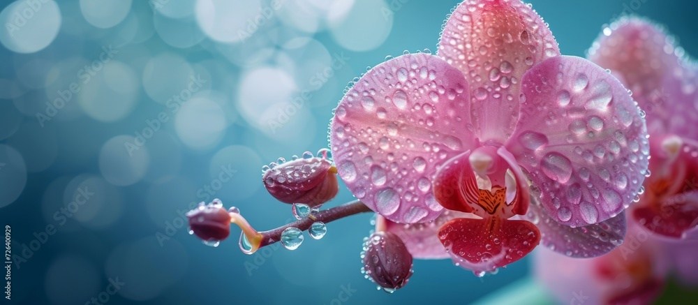 Neon light illuminates a close-up of a pink Orchid with dew drops on a blue background. Neon light illuminates a close-up of a pink Orchid with dew drops on a blue background.