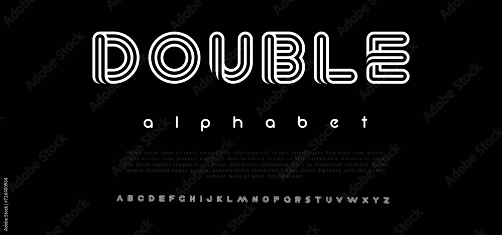 Double line monogram alphabet and tech fonts. Lines font regular uppercase and lowercase. Vector illustration. - obrazy, fototapety, plakaty 