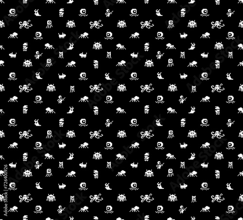 Funny pixel monsters. Seamless pattern of 8-bit pixel game. Retro video game elements for fabric print and background design