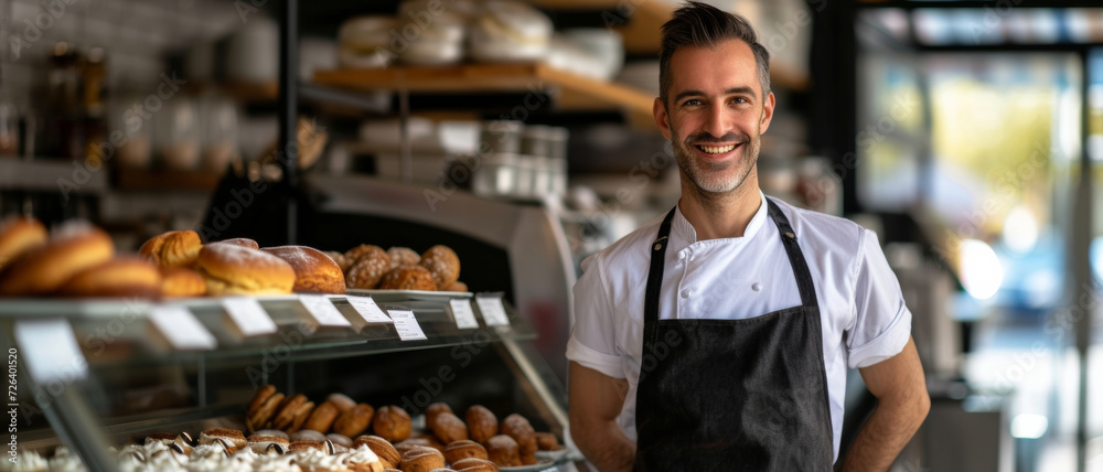 Baker's pride; a friendly baker stands confidently amidst a tempting array of fresh pastries