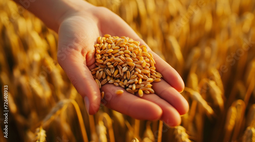 Close-up of wheat grains in hands palms on wheat field background. Rural harvest concept. Generative AI © AngrySun