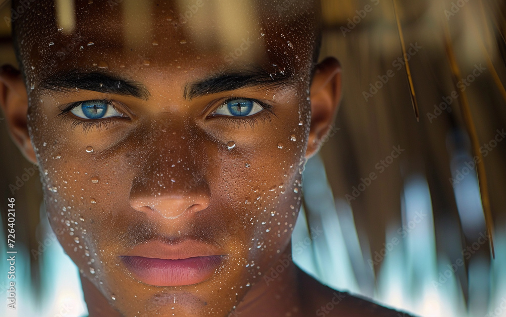 Young Man With Blue Eyes Reflected in Mirror