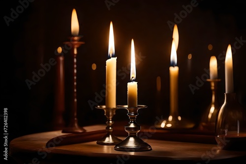 A Captivating Glimpse into Sophistication with a Vintage Candle Holder Set, Isolated on a Luxurious Black Background, Casting an Inviting Glow Captured through the Lens of a High-Definition Camera—A R