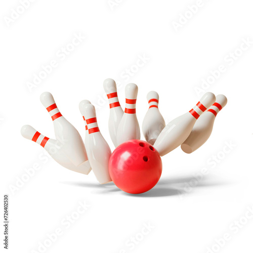 Strike in bowling game, full of bowling pins knocked down by player with transparent background and shadow photo