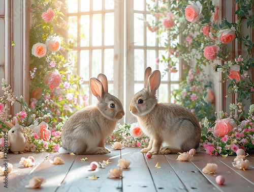 porta addobbata per pasqua, sfondo per fotografi, sfondo per pasqua con conigli e uova di pasqua ideale per inserimento persone photo