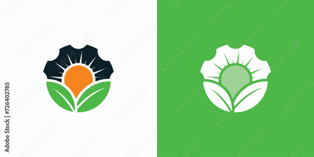 Vector logo design illustration of gear shape, sun in the middle and growing leaves.